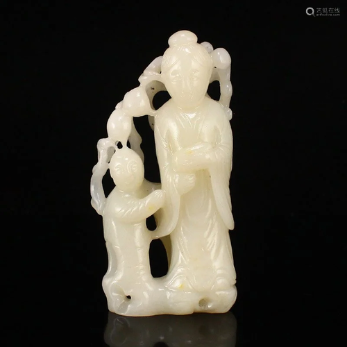 Hand Carved Chinese Hetian Jade Woman & kid Statue