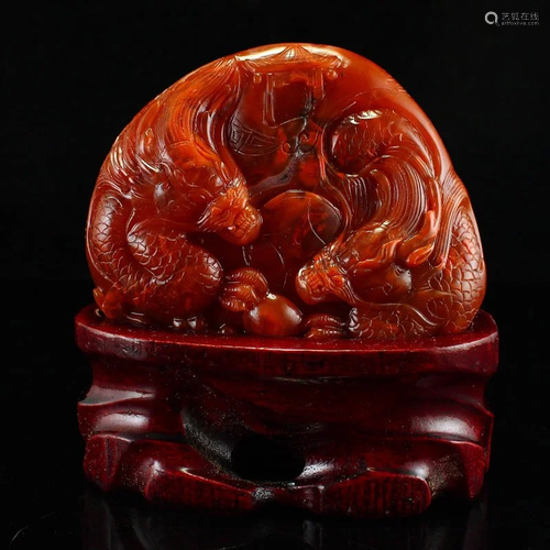 Chinese Natural Nanhong Agate Lucky Dragon Statue