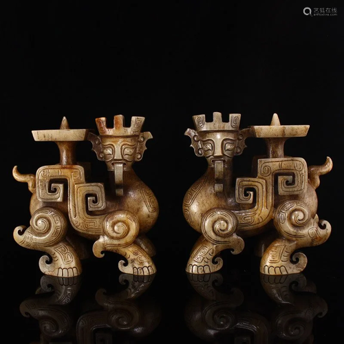 A Pair Vintage Hetian Jade Divine Beast Candlesticks