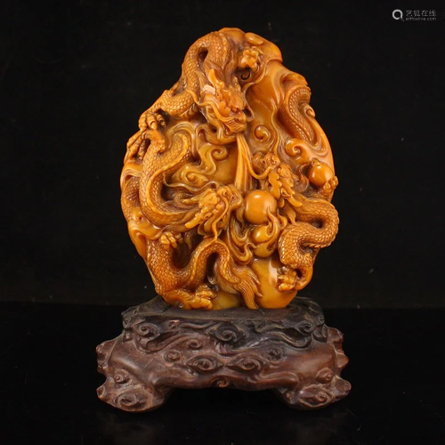 Qing Dy Tianhuang Stone Lucky Dragon & Fireball Statue