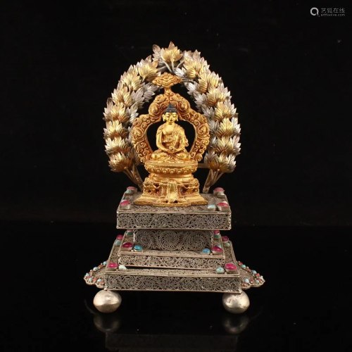 Tibetan Buddhism Silver Gilt Gold Gem Siddhartha Buddha Stat...