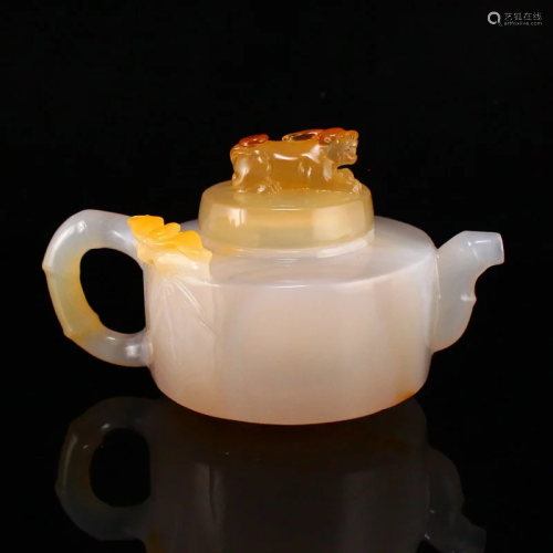 Superb Chinese Agate Carved Divine Beast Teapot