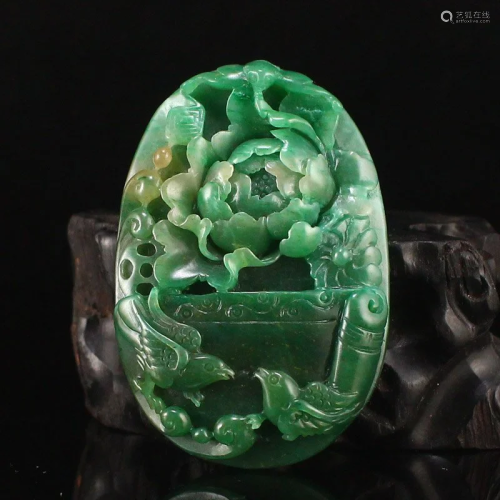 Chinese Dushan Jade Carved Peony & Magpie Pendant