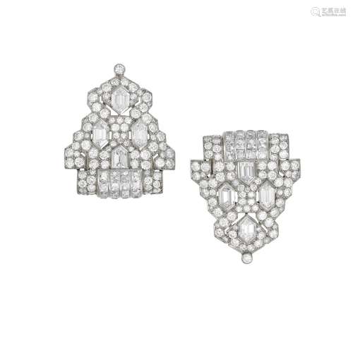 CARTIER ART DECO PAIR OF DIAMOND CLIP-BROOCHES