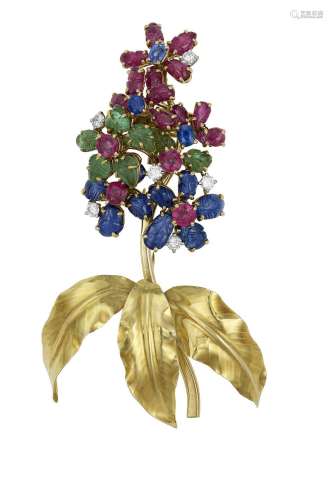 CARTIER MULTI-GEM, DIAMOND AND GOLD FLOWER BROOCH