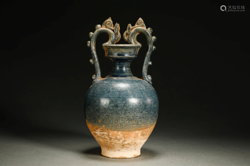 Tang Dynasty blue glazed double dragon pot
