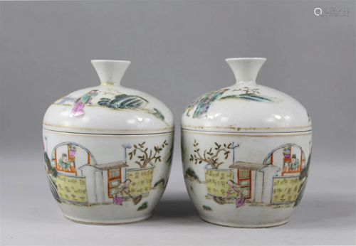 Pair of Chinese Famille Rose Porcelain Tea Jars with Lids