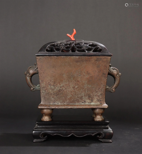 A Chinese Carved Bronze Incense Burner with Lid