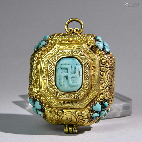 A Chinese Gilt Bronze Decoration with Inlaid Turquoise