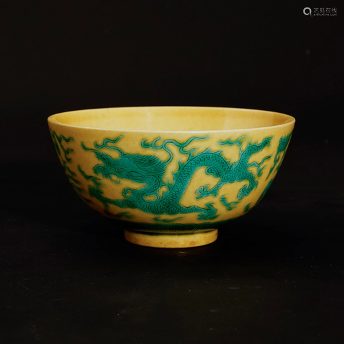 A yellow glaze bowl with a green dragon patternin the Guangx...