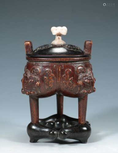 Chinese Bamboo Carved Tripod Censer w Cover