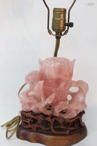 Chinese Carved Pink Rose Quartz Lamp