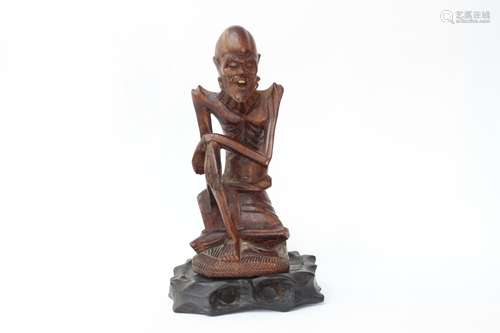 Chinese Burl Wood Carved Luohan Buddha