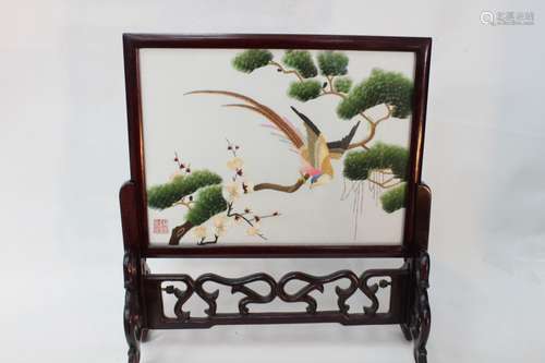 Chinese Wood Table Screen w Suzhou Silk