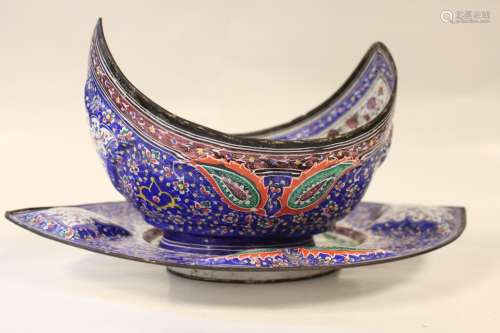 Persian Hand Painted Enamel on Copper Bowl&Plate