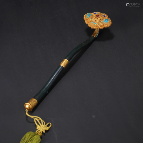 A Chinese Spinach Green Jade Ruyi Scepter