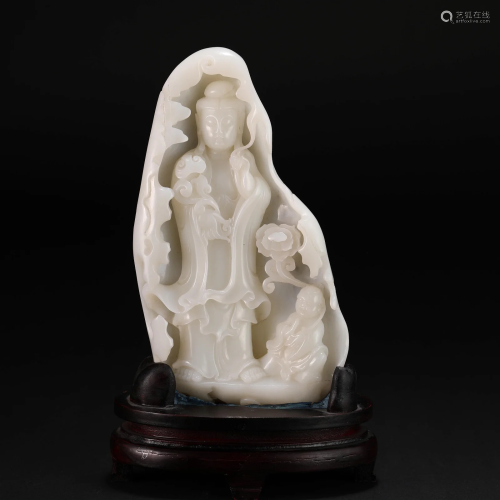 A Chinese Carved White Jade Guanyin