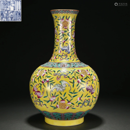A Chinese Yellow Ground and Famille Rose Vase