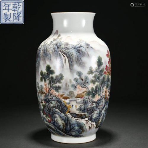 A Chinese Famille Rose Landscape Lantern Vase