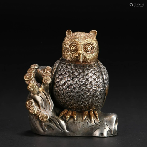 A Chinese White Brass Owl Decoration