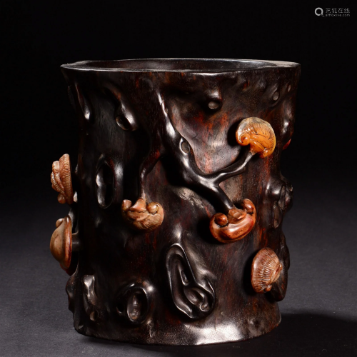 A Chinese Soapstone Inlaid Rosewood Brushpot