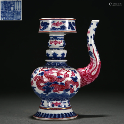 A Chinese Underglaze Blue and Pink Enameled Ewer
