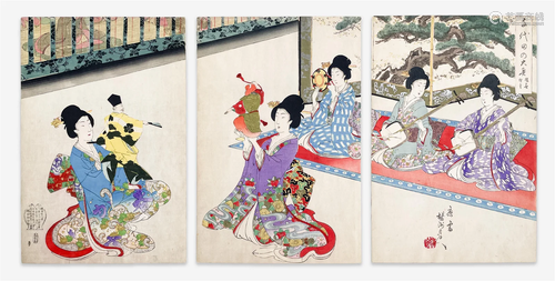 Toyohara Chikanobu - Geisha Performing, Triptych