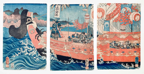 Utagawa Kuniyoshi - Takeshiuchi no Sukune Sails Toward Korea...