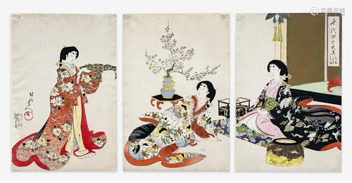 Tsukioka Yoshitoshi - Ladies Having Tea, Triptych