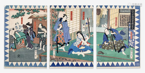 Toyohara Kunichika - Triptych of Samurai