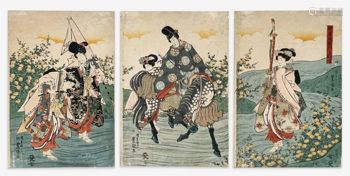 Utagawa Kunisada (Utagawa Toyokuni III) - Figures Traveling,...