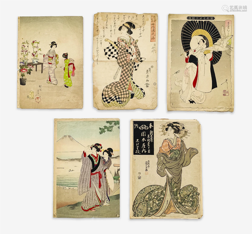 5 Japanese Woodblock Prints of Various Beauties, including Y...