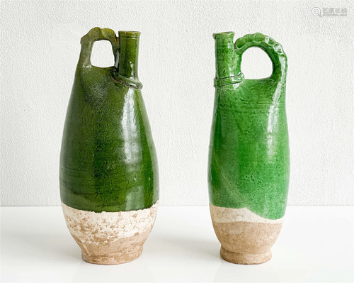 Chinese Liao Style Dark Green Glazed Ceramic Flasks