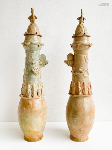 Pair of Chinese Qingbai Ceramic Funerary Jars and Covers