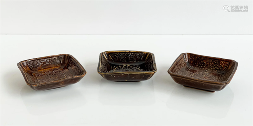 3 Chinese Brown Glazed Molded Ceramic Dishes