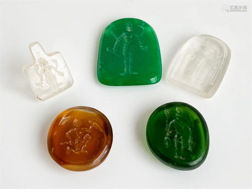 Indian Carved Glass Intaglios, 5 Pieces