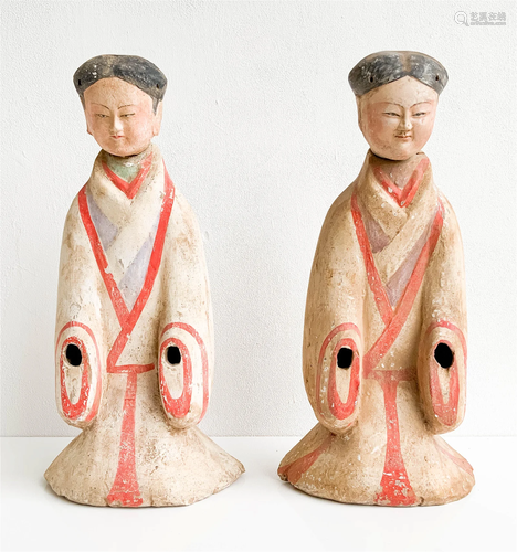 Pair of Chinese Painted Pottery Kneeling Figures of Attendan...