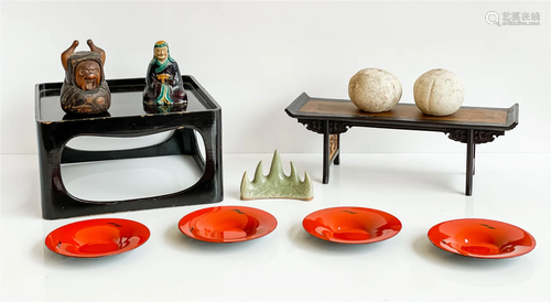 Asian Ceramic, Lacquer, and Wood Objects, 11 Pieces