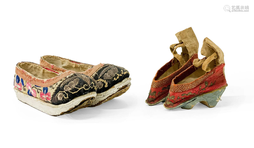 Two Pairs of Chinese Embroidered Silk Ladies Shoes