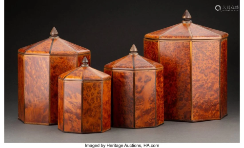 A Set of Four Graduated Maple Burl Covered Boxes