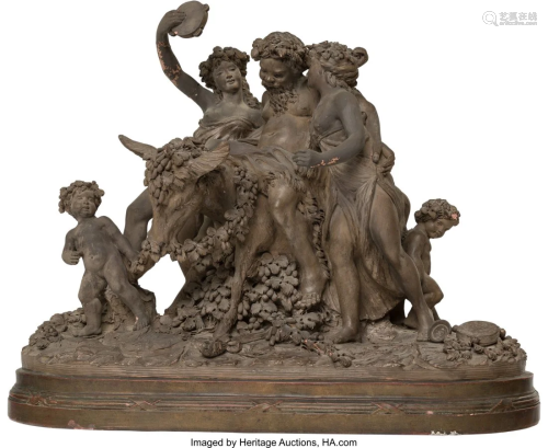 A French Terracotta Figural Group on Carved Wood