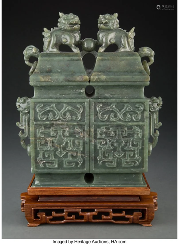 A Chinese Carved Spinach Jade Double Vase with C