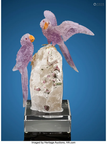 A Peter Muller Carved Macaw Couple in Amethyst o