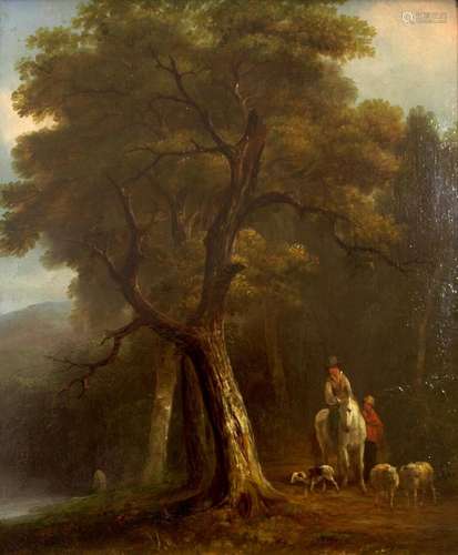 JOSEPH RHODES (1782-1855) COUNTRYFOLK WITH SHEEP ON A LAKESI...