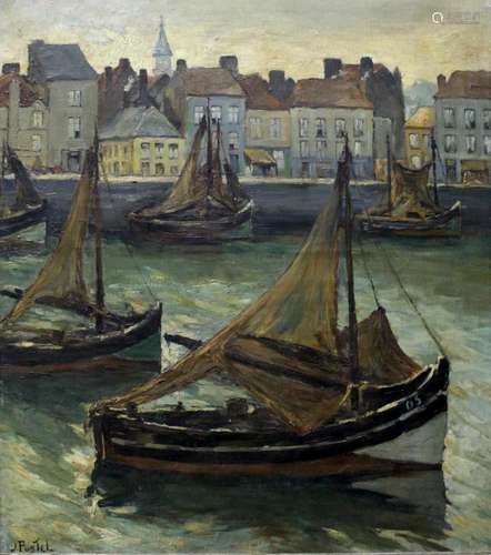 •JULES POSTEL (1867-1955) FISHING BOATS IN HARBOUR Signed, o...