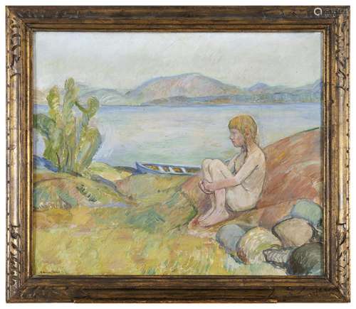 OLUF WOLD-TORNE (1867-1919) GIRL SEATED BY A LAKE Signed, oi...