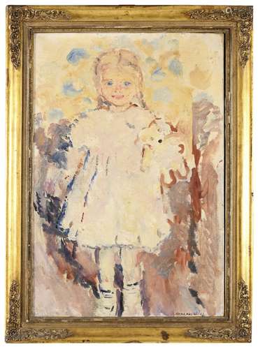 •ARNE KAVLI (1878-1970) PORTRAIT OF A GIRL HOLDING A TEDDY B...