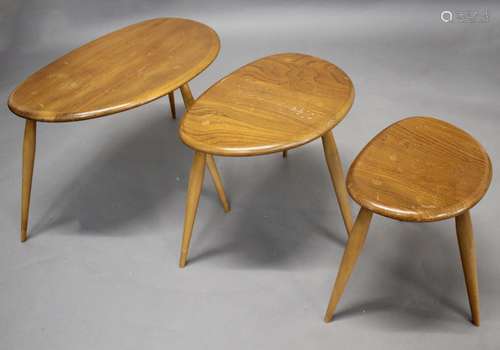 ERCOL VINTAGE PEBBLE NEST OF TABLES a set of three light elm...