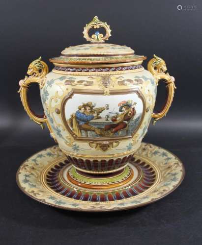 LARGE METTLACH TWO HANDLED JAR & STAND an unusually larg...