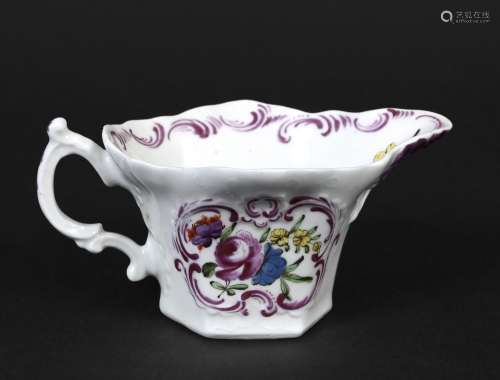 EARLY WORCESTER CREAMBOAT of hexagonal shape, the geranium m...